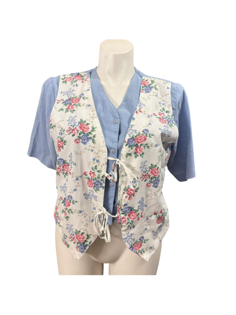 Vintage Tapestry Layered Tie Front Floral Vest Chambray Blouse Women’s Large